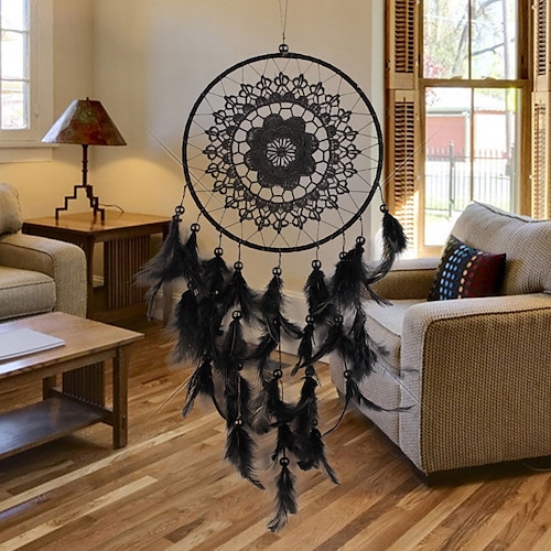 

Black Dream Catcher Handmade Gift with One-ring Feather Wall Hanging Decor Art Wind Chimes Boho Style Home Pendant