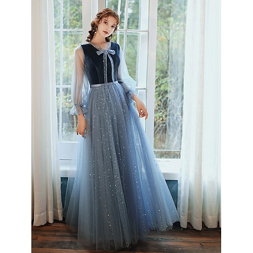 

A-Line Bridesmaid Dress V Neck Long Sleeve Elegant Floor Length Tulle / Velvet with Bow(s) / Sequin / Ruffles 2022 / Sparkle & Shine