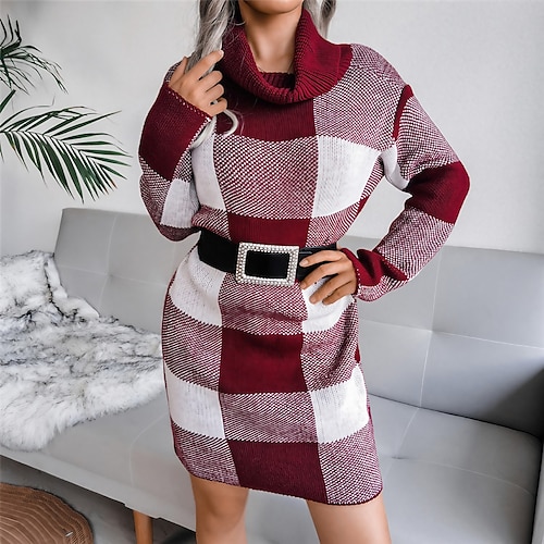 

abito maglione da donna abito invernale tubino blu vino cachi grigio manica lunga plaid color block patchwork autunno inverno dolcevita casual s m l abito invernale