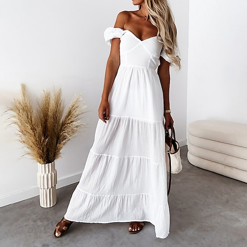 

abito bianco da donna abito lungo maxi abito nero blu bianco manica corta colore puro increspato primavera estate scollo a V s m l xl xxl 3xl