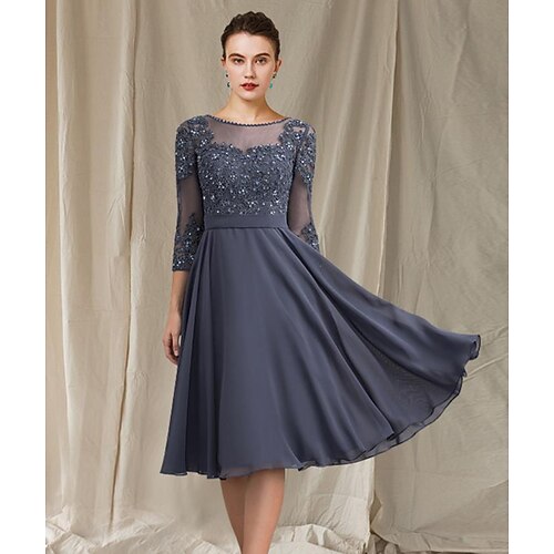 

A-Line Mother of the Bride Dress Elegant Jewel Neck Floor Length Tea Length Chiffon Lace 3/4 Length Sleeve with Sequin Appliques 2022