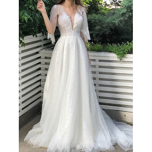 

A-Line Wedding Dresses V Neck Sweep / Brush Train Lace Tulle Half Sleeve Country Sexy with Pearls Appliques 2022