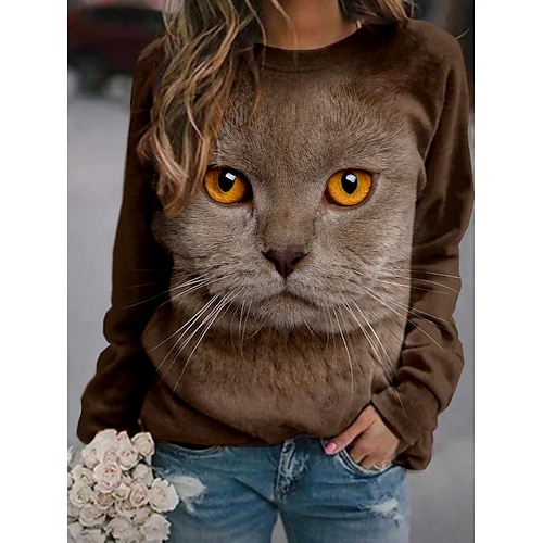Women's Hoodie Sweatshirt Pullover Basic Casual Print Brown Graphic Cat 3D Daily Round Neck Long Sleeve S M L XL XXL / 3D Print