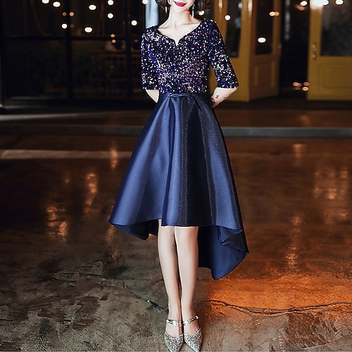 

A-Line Prom Dresses Sparkle Dress Cocktail Party Asymmetrical Half Sleeve Jewel Neck Satin with Bow(s) Sequin 2022 / Sparkle & Shine / High Low