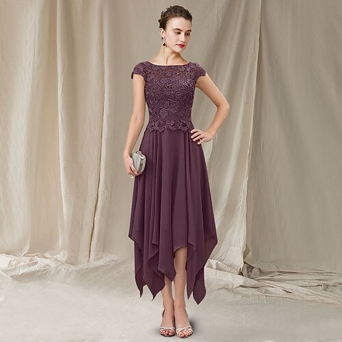 

A-Line Mother of the Bride Dress Elegant Jewel Neck Asymmetrical Tea Length Chiffon Lace Short Sleeve with Appliques 2022