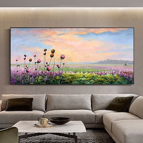 

Original Plant and Flower Painting on Canvas Handmade Hand Painted Wall Art Stretched Frame Ready to Hang Large Abstract Purple Lavender Landscape Acrylic Painting Living Room Wall Art Decor