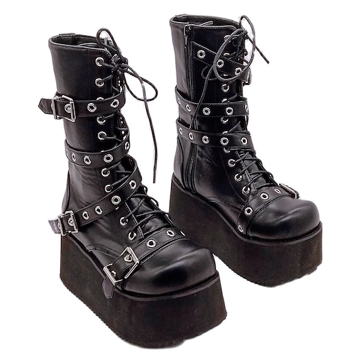 

Women's Boots Daily Goth Boots Lace Up Boots Knee High Boots Mid Calf Boots Buckle Wedge Heel Round Toe PU Zipper Solid Colored Black