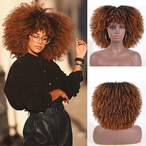 

Brown Wigs for Women High Temperature Hair Afro Kinky Curly Wigs with Bangs for Black Women African Synthetic Ombre Glueless Cosplay Wigs