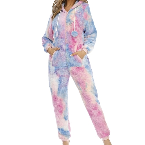 

Women's Pajamas Onesies Jumpsuits Nighty 1 PCS Tie Dye Comfort Daily Cute Home Party Bed Flannel Gift Hoodie Long Sleeve Basic Print Pocket Fall Winter Green Blue