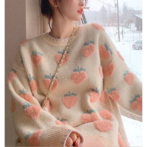 

Women's Pullover Sweater jumper Jumper Knit Tunic Patchwork Knitted Casual School Date Winter Fall Pink Red One-Size / Long Sleeve / Regular Fit / Print