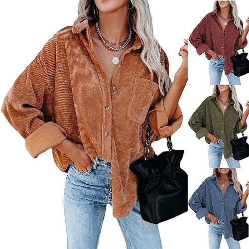 

Women's Blouse Front Pocket Plain Fashion Daily Modern Shirt Collar Regular Spring & Fall Wine Red Green Blue Dark Coffee Orange
