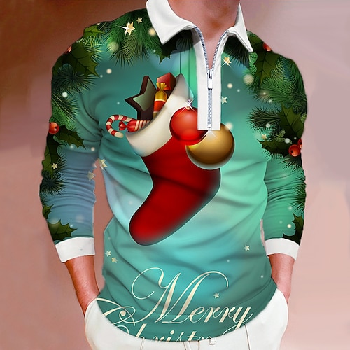 

Men's Christmas Golf Shirt Graphic Zipper Long Sleeve Tops Lightweight Casual Fashion Comfortable Blue Yellow Light Blue / Sports