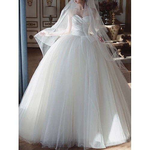 

Princess Ball Gown Wedding Dresses Strapless Court Train Satin Tulle Sleeveless Formal Luxurious with Bow(s) Ruched 2022