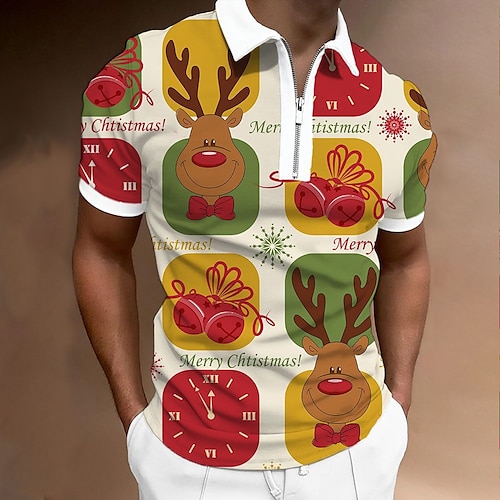 

Men's Christmas Golf Shirt Elk Letter Zipper Print Short Sleeve Tops Sportswear Casual Fashion Streetwear Beige