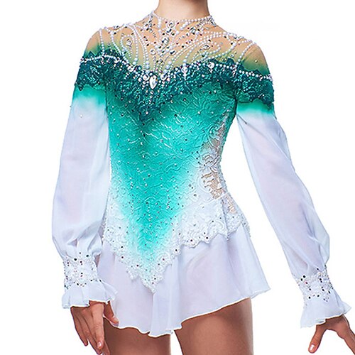 

Figure Skating Dress Women's Girls' Ice Skating Dress Outfits Green Patchwork Spandex High Elasticity Training Competition Skating Wear Handmade Color Gradient Crystal / Rhinestone Long Sleeve Ice