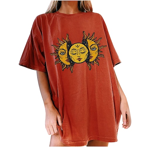 

women's moon and sun tshirt oversized vintage graphic t-shirt sweatshirt crewneck cute sun shirt loose casual (orange h, s)