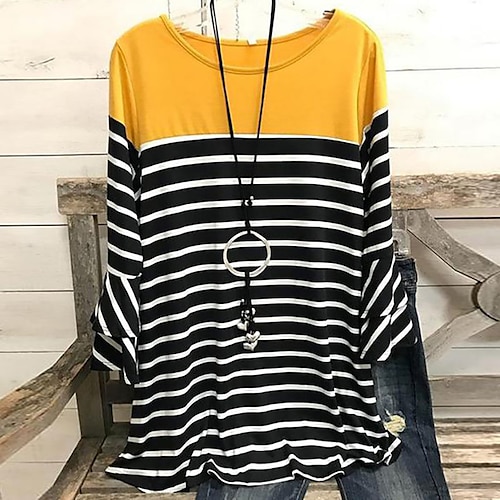 

Women's Plus Size Curve Tops Blouse Striped Color Block Patchwork Long Sleeve Crewneck Streetwear Festival Daily Weekend Polyester Fall Yellow