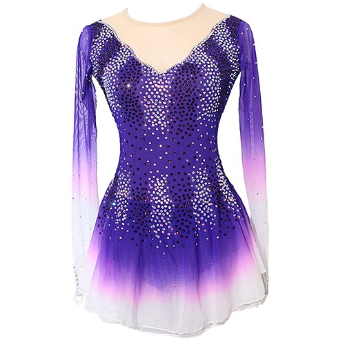 

Figure Skating Dress Women's Girls' Ice Skating Dress Outfits Violet Patchwork Asymmetric Hem Mesh Spandex High Elasticity Competition Skating Wear Handmade Crystal / Rhinestone Long Sleeve Ice