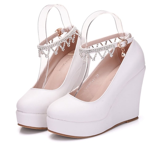 

Women's Wedding Shoes Office Daily Wedding Heels Bridal Shoes Bridesmaid Shoes Rhinestone Tassel Wedge Heel Ankle Strap Heel Round Toe Faux Leather Loafer Solid Colored Black White
