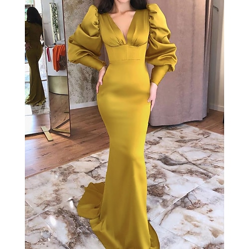 

Mermaid / Trumpet Elegant Vintage Engagement Formal Evening Dress V Neck Long Sleeve Sweep / Brush Train Stretch Satin with Sleek 2022