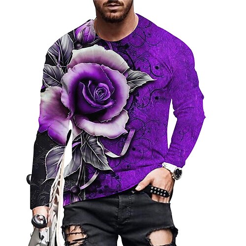 

Men's Unisex T shirt Tee Rose Graphic Prints Crew Neck Purple 3D Print Daily Holiday Long Sleeve Print Clothing Apparel Designer Casual Big and Tall