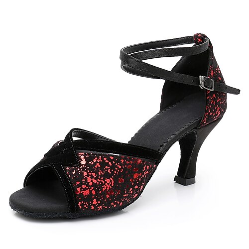 

Women's Latin Shoes Salsa Shoes Training Performance Practice Sparkling Shoes Professional Heel Glitter Cuban Heel Open Toe Buckle Cross Strap Adults' Black / Gold Fuchsia Black / Red