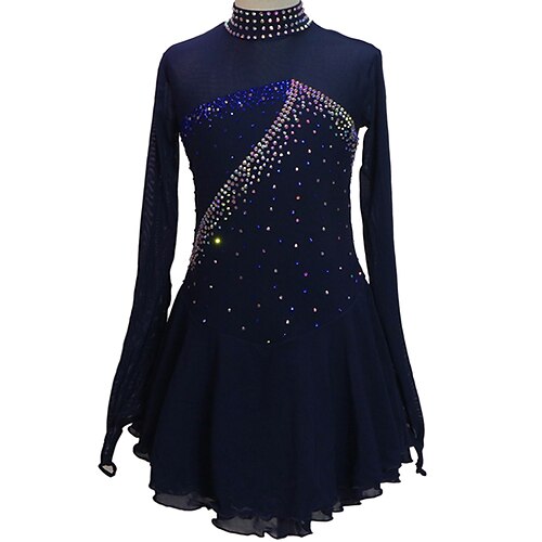 

Figure Skating Dress Women's Girls' Ice Skating Dress Outfits Dark Navy Backless Open Back Mesh Spandex High Elasticity Training Competition Skating Wear Handmade Crystal / Rhinestone Long Sleeve Ice