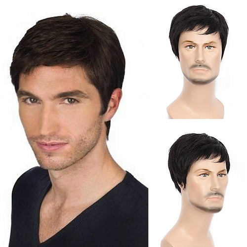 

Brinbea Human Hair Mens Wigs Short Straight Black Wig for Male or Women Middle Aged Mature Men Right Side Part Hair Replacement Full Wigs