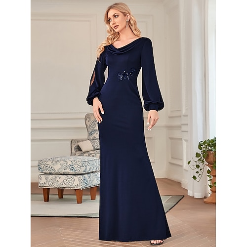 

Sheath / Column Plus Size Elegant Formal Evening Dress Jewel Neck Long Sleeve Floor Length Velvet with Sequin 2021