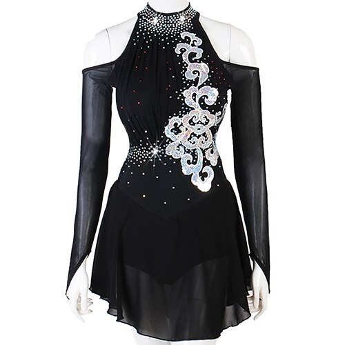 

Figure Skating Dress Women's Girls' Ice Skating Dress Outfits Black Open Back Patchwork Mesh Spandex High Elasticity Practice Professional Competition Skating Wear Handmade Crystal / Rhinestone