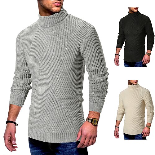 

Men's Pullover Sweater Jumper Turtleneck Sweater Ribbed Knit Cropped Knitted Solid Color Turtleneck Keep Warm Modern Contemporary Work Daily Wear Clothing Apparel Winter Spring & Fall Black Khaki M