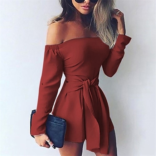 

Women's Romper Lace up Off Shoulder Streetwear Street Weekend Regular Fit Long Sleeve Pink Wine Gray S M L Fall