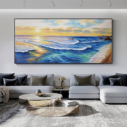 

Handmade Oil Painting Canvas Wall Art Decoration Abstract Seascape Painting The Blue Sea White Waves at Dusk for Home Decor Rolled Frameless Unstretched Painting