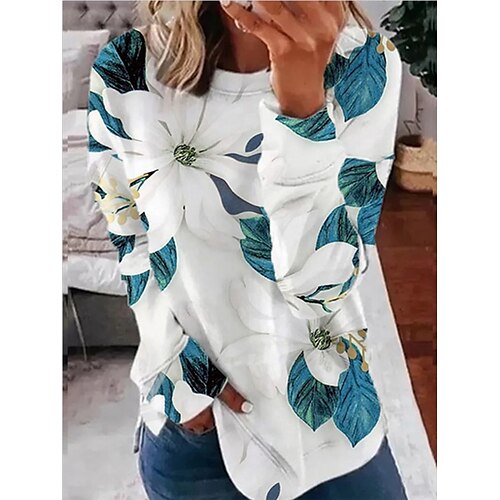 

Women's Sweatshirt Pullover Sportswear Casual Patchwork Print White Floral Loose Fit Daily Round Neck Long Sleeve S M L XL XXL / 3D Print