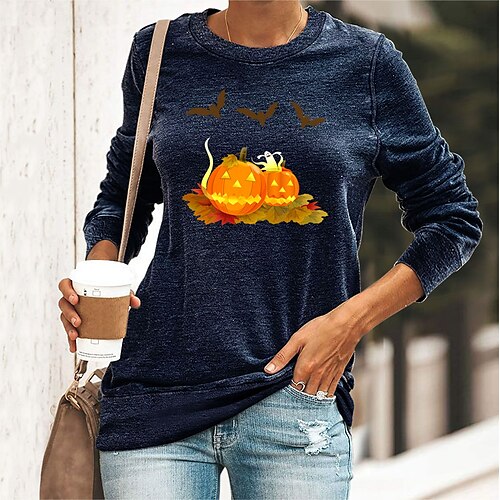 

Women's T shirt Tee Green Blue Yellow Graphic Pumpkin Print Long Sleeve Halloween Weekend Basic Halloween Round Neck Regular Cotton Abstract Painting S