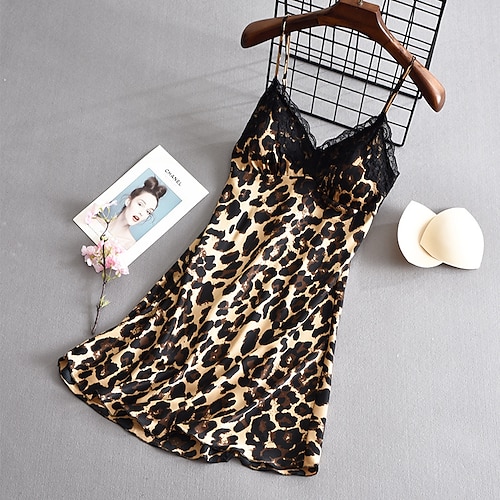 

Women's Pajamas Nightgown Nighty Pjs Leopard Fashion Hot Comfort Home Daily Bed Satin Breathable Gift V Wire Sleeveless Spring Summer Pink Brown / Silk / Print