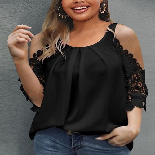 

Women's Plus Size Tops Blouse Shirt Plain Cut Out Lace Long Sleeve Crewneck Basic Hot Daily Weekend Cotton Spring Summer White Black