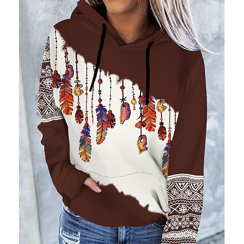 

Women's Hoodie Pullover Casual Streetwear Front Pocket Print Green White Camel Color Block Leopard Feather Daily Hooded Long Sleeve S M L XL XXL / 3D Print