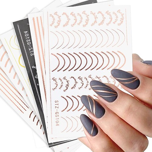 

6 ark linje nail art klistermærker decals metal linje negle levering 3d selvklæbende negle decals metal kurve stribe linjer design bogstav negle sticker selvklæbende dekoration folie tilbehør jule