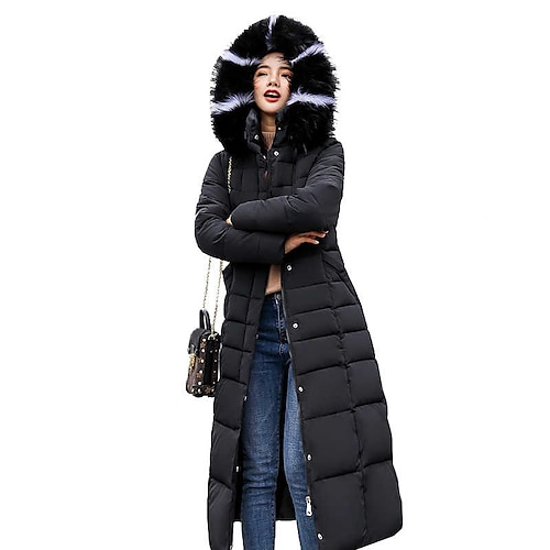 

Women's Puffer Jacket Hoodie Jacket Outdoor Street Daily Fall Winter Long Coat Stand Collar Regular Fit Windproof Warm Casual Jacket Long Sleeve Solid Color Faux Fur Trim caramel White Black / Lined