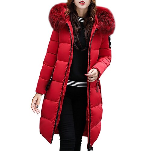 

Women's Winter Jacket Puffer Jacket Hoodie Jacket Street Daily Valentine's Day Winter Fall Long Coat Regular Fit Windproof Warm Casual Jacket Long Sleeve Solid Color Full Zip ArmyGreen caramel Red