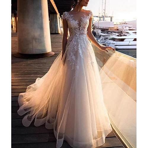 

A-Line Wedding Dresses Jewel Neck Floor Length Lace Tulle Cap Sleeve Beach Sexy with Pleats 2022