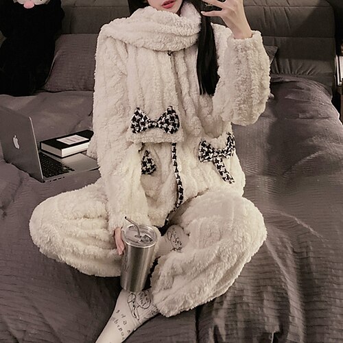 

Women's Pajamas Winter Sets Nighty Pjs 2 Pieces Pure Color Fashion Simple Comfort Home Daily Bed Polyester Warm Breathable V Wire Long Sleeve Pant Button Elastic Waist Fall White Black / Fleece / Bow