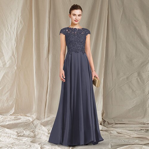 

A-Line Mother of the Bride Dress Elegant Jewel Neck Floor Length Chiffon Lace Cap Sleeve with Beading Appliques 2022