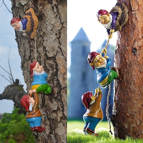 

3 Pieces Figurines Courtyard Landscape Decoration Sculpture Resin Take Dwarf Climbing Gnome Dwarf Art Statues Gift Courtyard