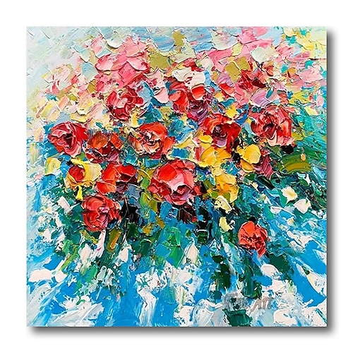 

Oil Painting Handmade Hand Painted Wall Art Modern Red Pink Flowers Blue Sky Home Decoration Decor Stretched Frame Ready to Hang