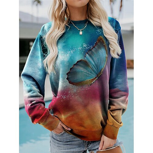 

Women's Sweatshirt Pullover Sportswear Casual Patchwork Print Rainbow Butterfly Loose Fit Casual Crew Neck Long Sleeve S M L XL XXL / 3D Print