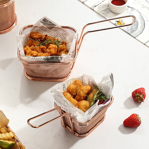 

Mini French Fry Chips Baskets Net Stainless Steel Square French Fry Basket Holder Suitable for Chips, Onion Rings, Chicken Wings Silver Rose Gold