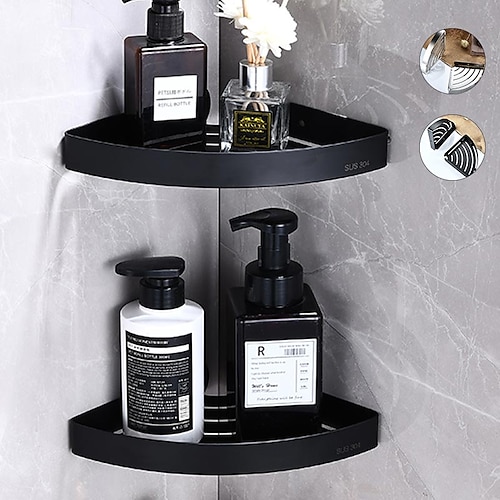 

Shower Shelf Corner,Stainless Steel Shower Shelves Wall Mounted Shower Caddy Storage Basket Bathroom Kitchen Organizer, 2 Tier(Black/Silver)