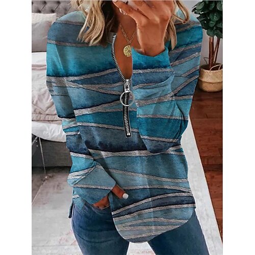 

Women's Zip Up Sweatshirt Pullover Casual Patchwork Zipper Print Blue Geometric Loose Fit Casual V Neck Long Sleeve S M L XL XXL / 3D Print